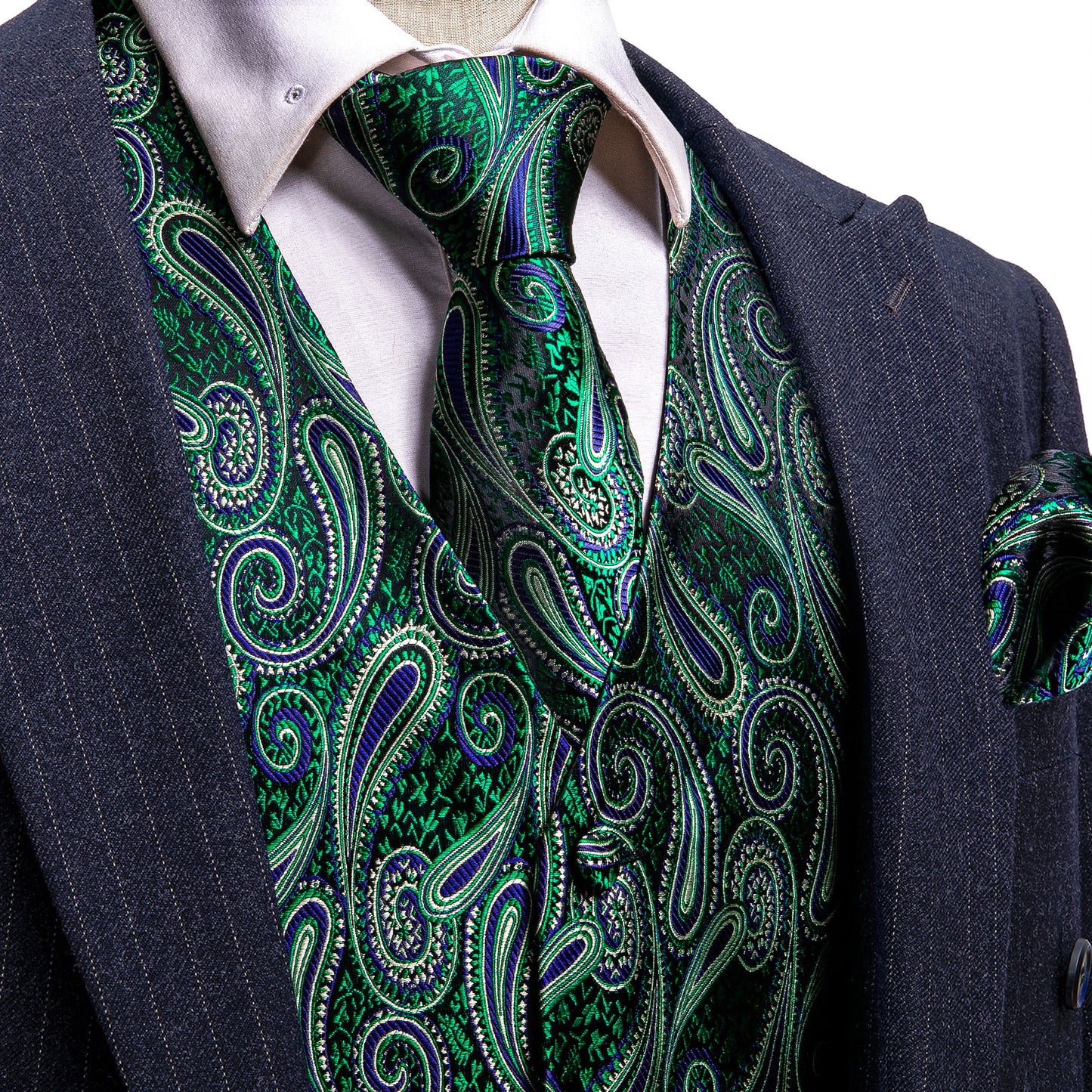 Designer Floral Waistcoat Silky Novelty Vest Paisley Emerald Move