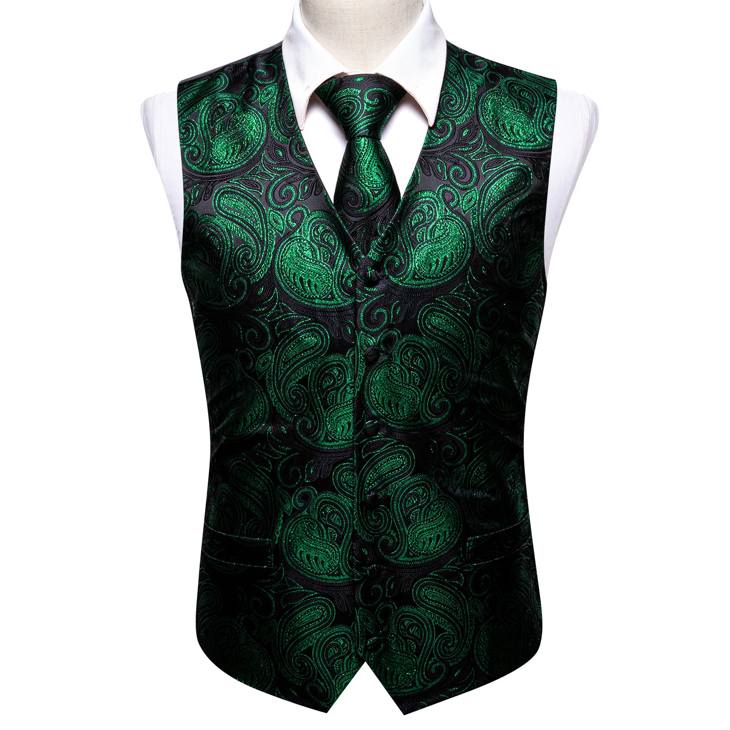 Designer Paisley Waistcoat Silky Novelty Vest Heart Forest Green