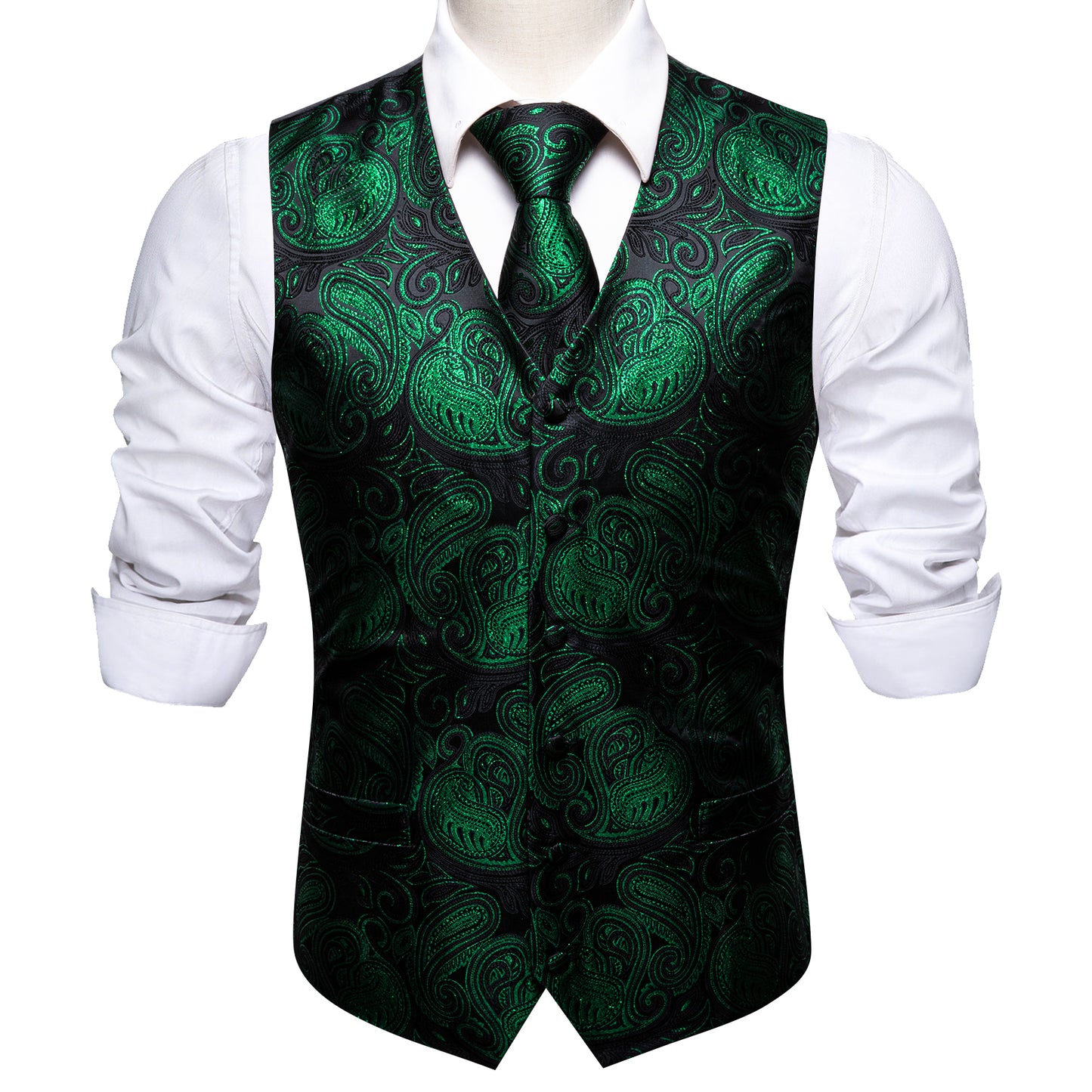 Designer Paisley Waistcoat Silky Novelty Vest Heart Forest Green