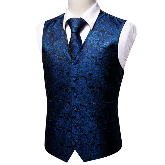 Designer Paisley Waistcoat Silky Novelty Vest Whales Denim Blue