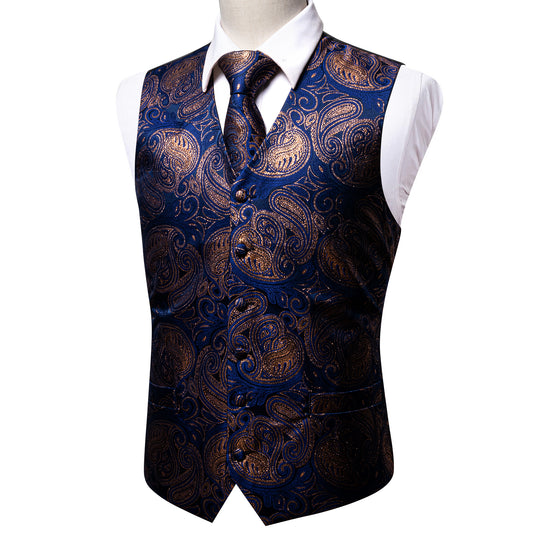 Designer Paisley Waistcoat Silky Novelty Vest Heart Dawn Blue Gold