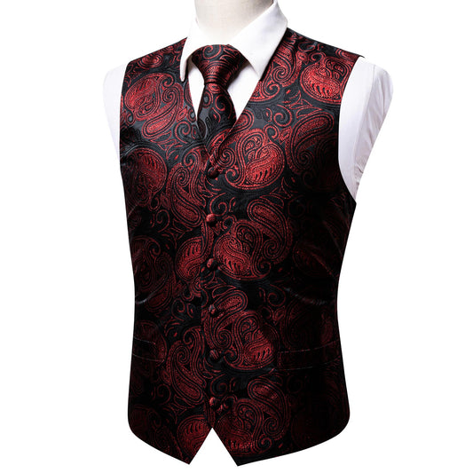Designer Paisley Waistcoat Silky Novelty Vest Heart Cherry Red