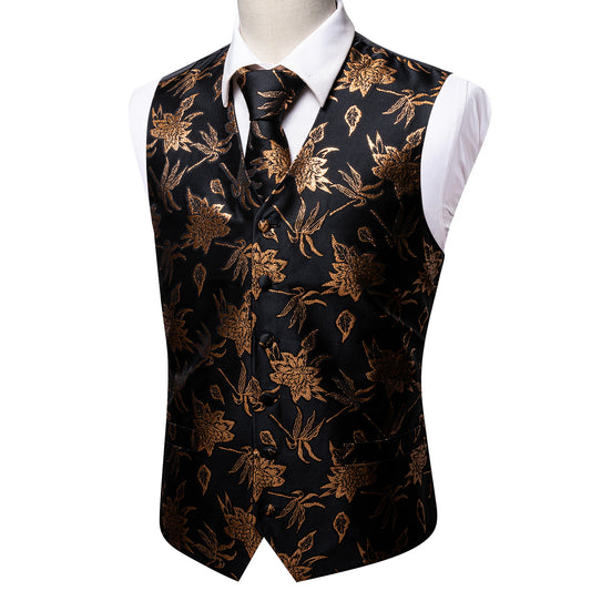 Designer Floral Waistcoat Silky Novelty Vest Bronze Black Bamboo