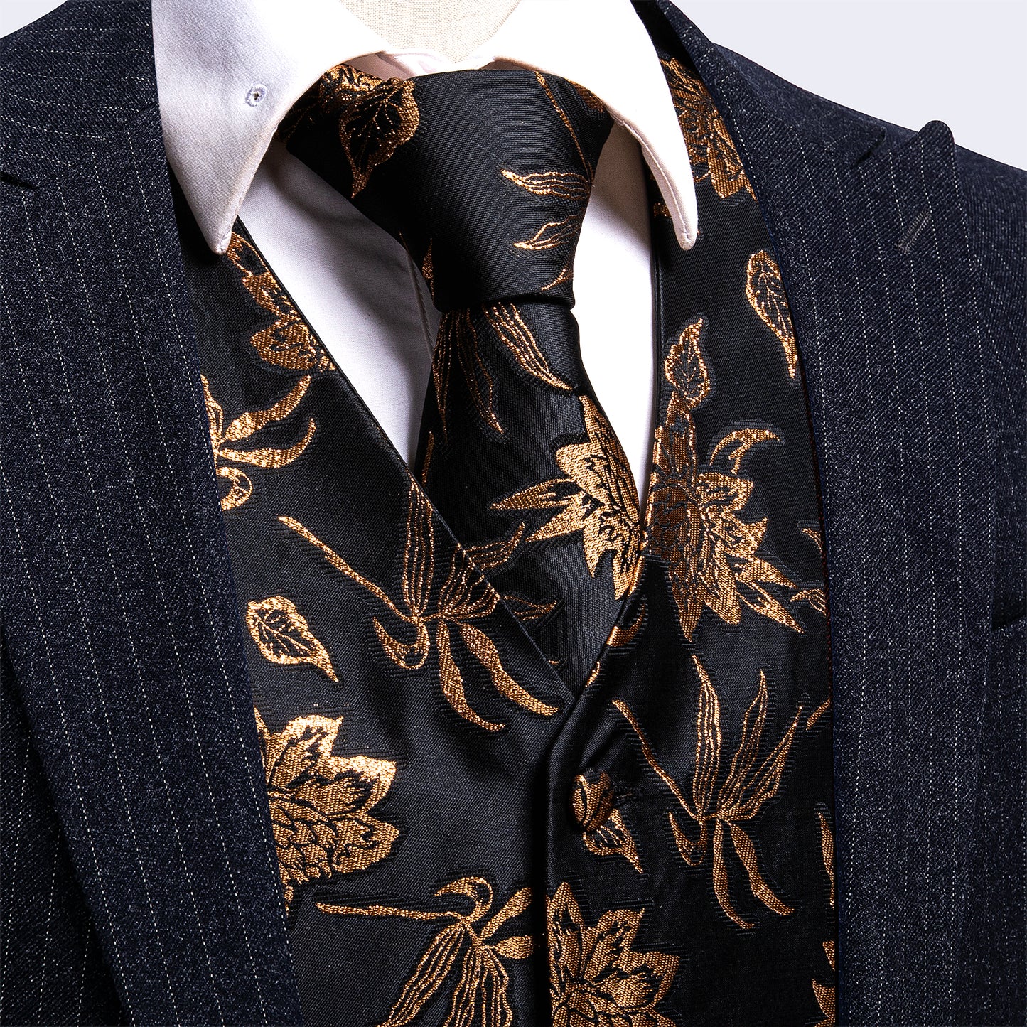 Designer Floral Waistcoat Silky Novelty Vest Bronze Black Bamboo