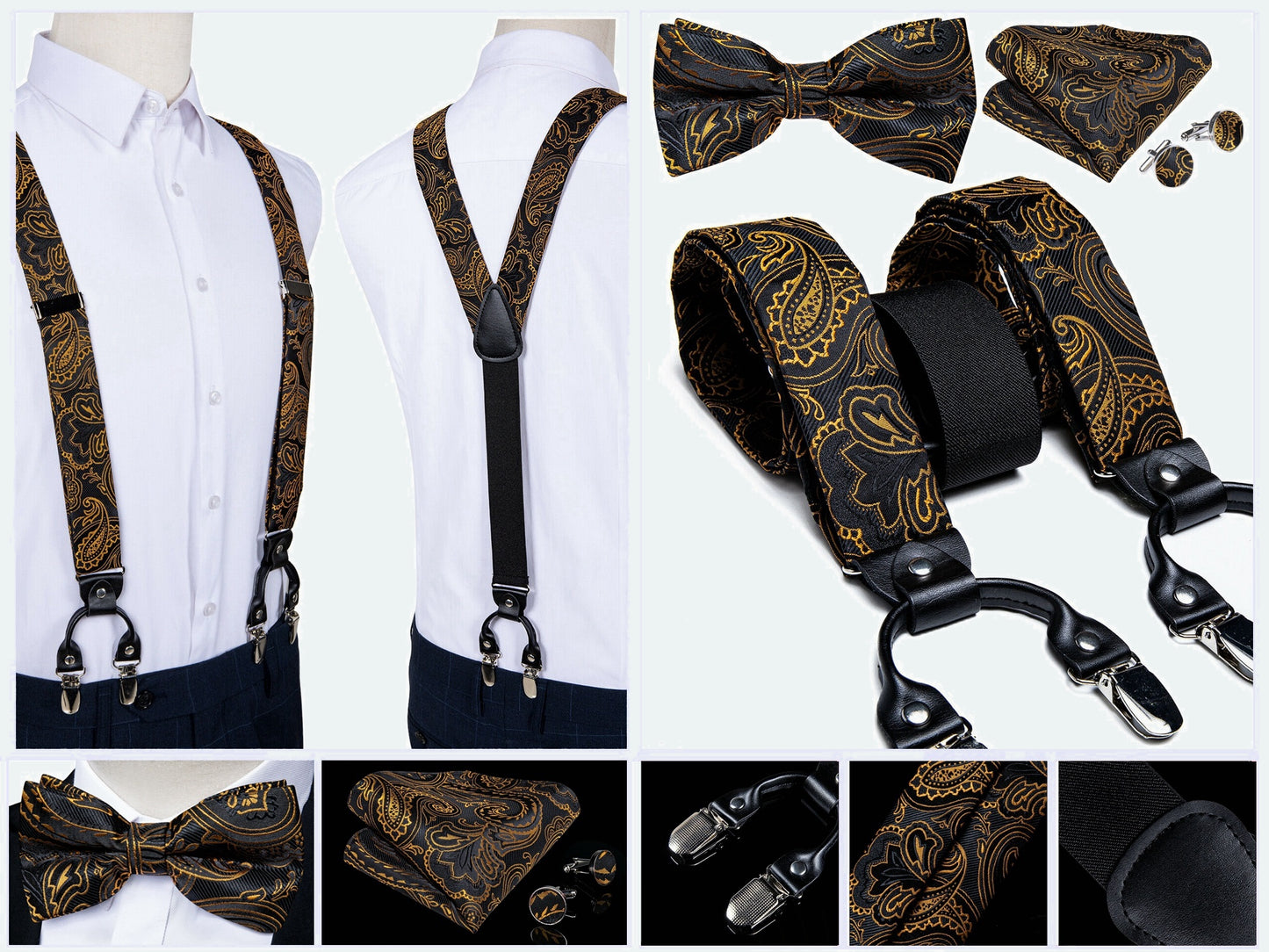BD4012 Men's Braces Designer Clip Suspender Set [Gold Paisley Damask]