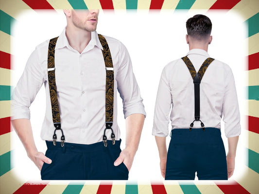 BD4012 Men's Braces Designer Clip Suspender Set [Gold Paisley Damask]