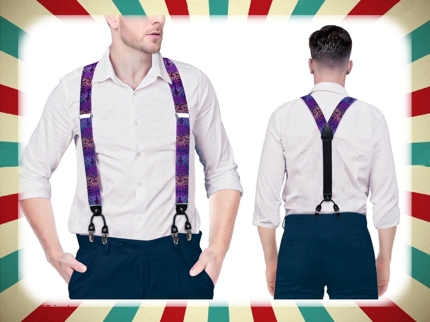BD4018 Men's Braces Designer Clip Suspender Set [Violet Paisley Damask]