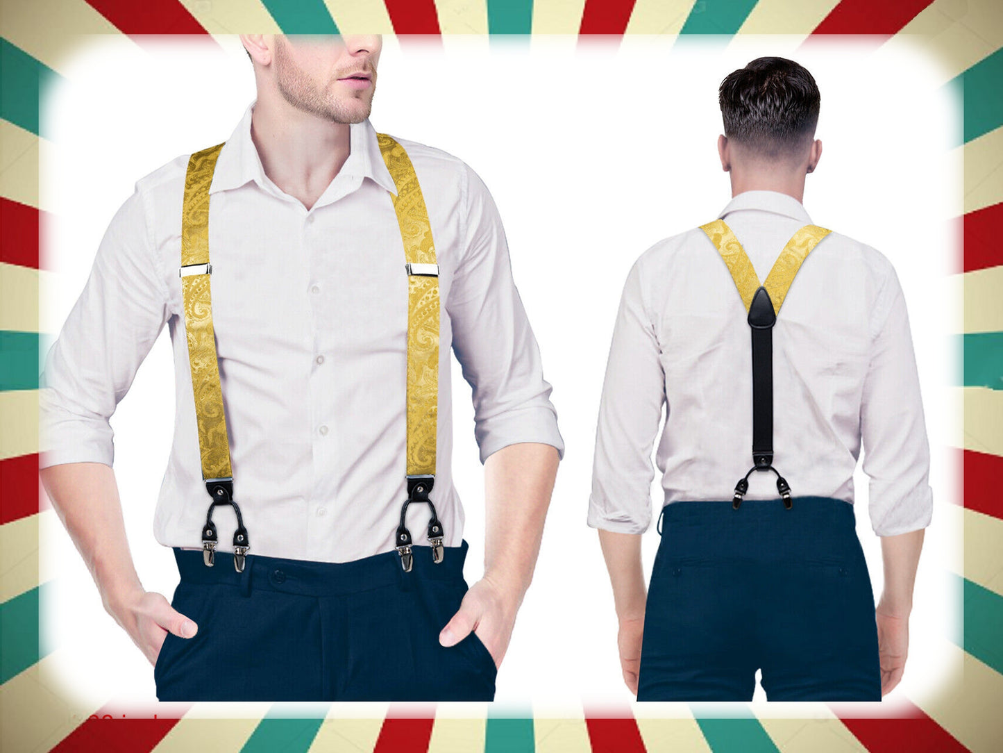 BD4024 Men's Braces Designer Clip Suspender Set [Paisley Damask Gold]