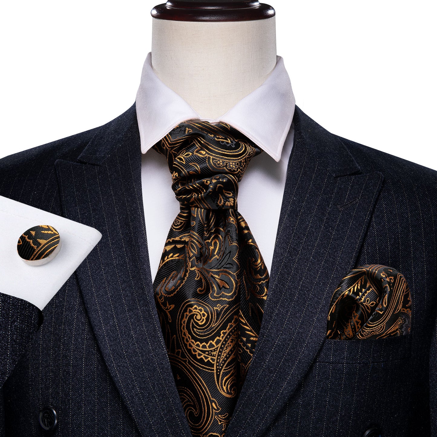 Victorian Ascot Silky Floral Day Cravat Set [Black P-Damask]