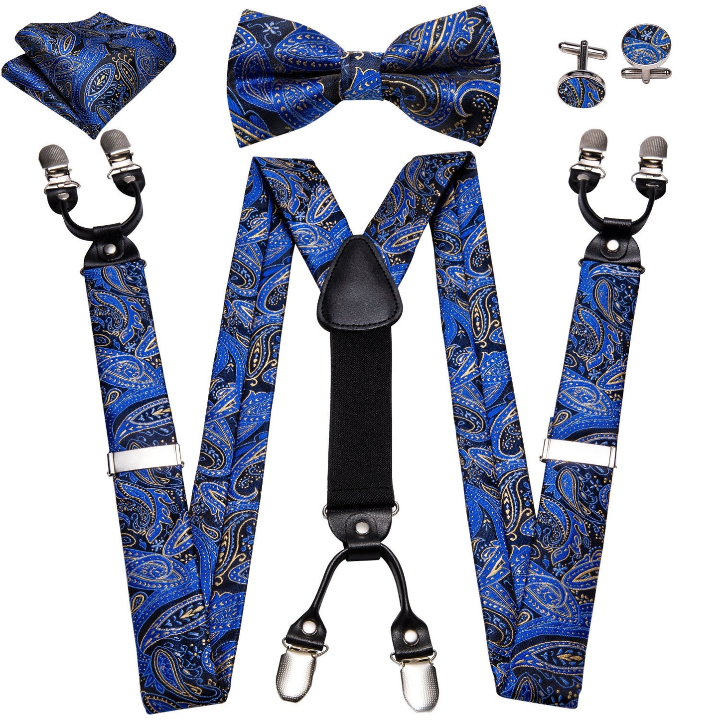 Hi Tie® Msg me the color Men Paisley Suspender and Bow Tie Set with Floral Pocket Square Y Shape 6 Clips Braces Christmas Wedding