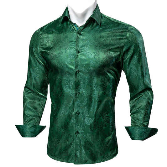 Men's Dress Shirt Long Sleeve Green Paisley