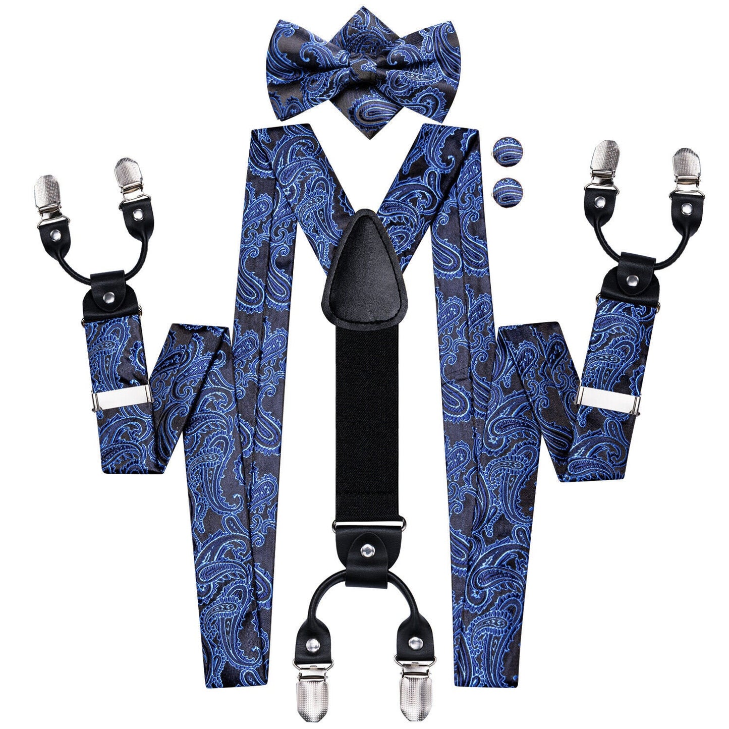 Hi Tie® Msg me the color Men Paisley Suspender and Bow Tie Set with Floral Pocket Square Y Shape 6 Clips Braces Christmas Wedding