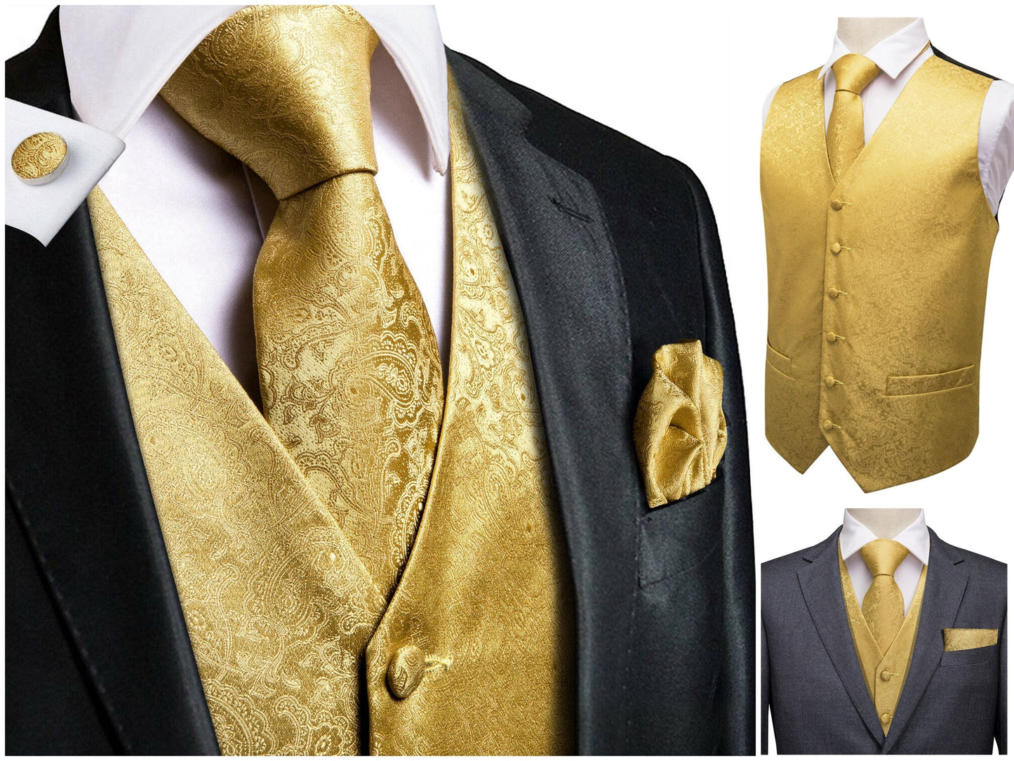 Hi Tie Men's Novelty Waistcoat Silky Floral Vest Set Tuxedo Gilet Casual Business [Bronze+]