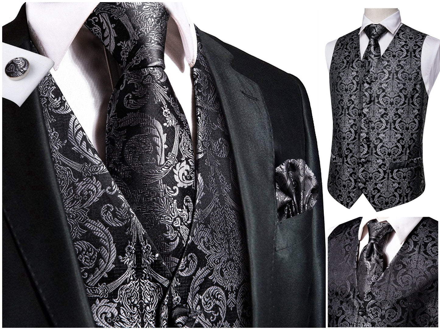 Hi Tie® Men's Novelty Waistcoat Silky Floral Vest Set Tuxedo Gilet Casual Business [Florl+]