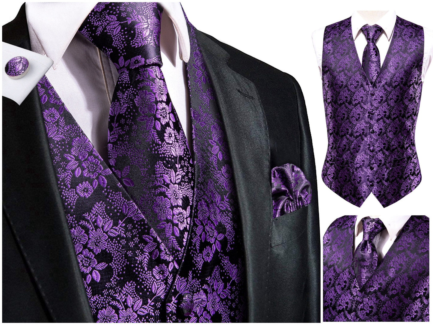 Hi Tie® Men's Novelty Waistcoat Silky Floral Vest Set Tuxedo Gilet Casual Business [Florl+]