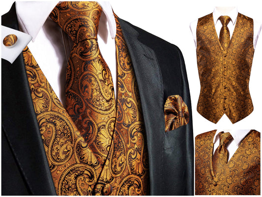 Men's Novelty Waistcoat Floral Silky Vest Set Tuxedo Gilet Casual Business [Inka+]