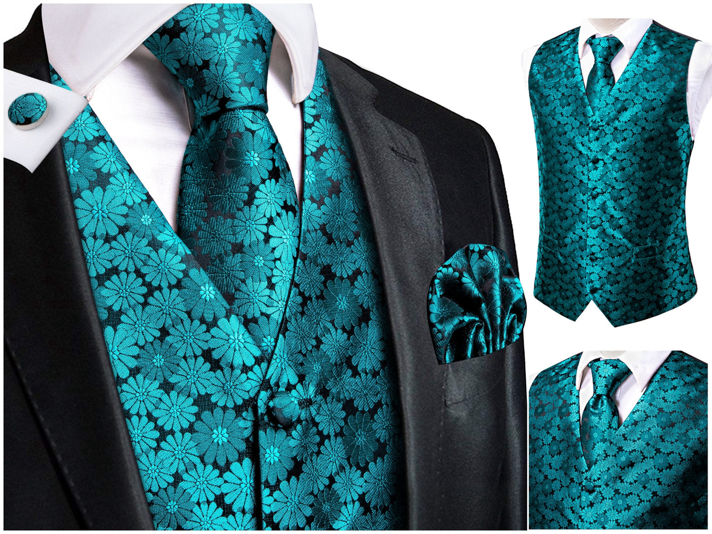 Men's Novelty Waistcoat Silky Floral Tuxedo Vest Set Gilet Casual Business [Holli+]