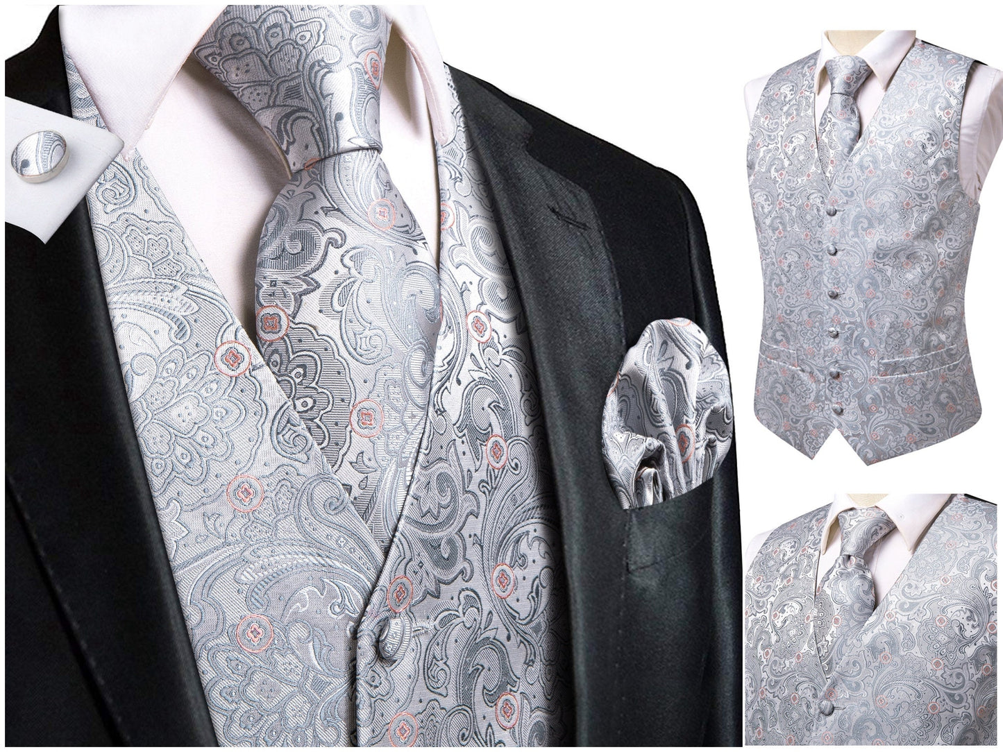 Men's Novelty Waistcoat Silky Floral Vest Set Gilet Tuxedo Casual Business [Nama+]