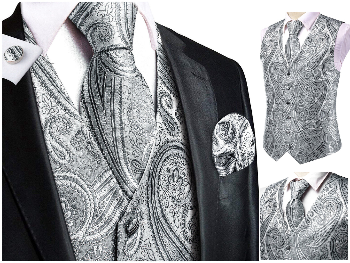 Men's Novelty Waistcoat Silky Floral Vest Set Gilet Tuxedo Casual Business [Ivori+]