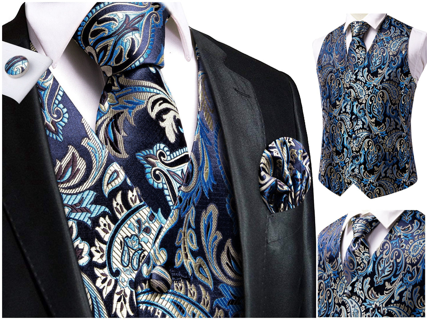 Men's Novelty Waistcoat Silky Floral Vest Set Gilet Tuxedo Casual Business [Knight+]