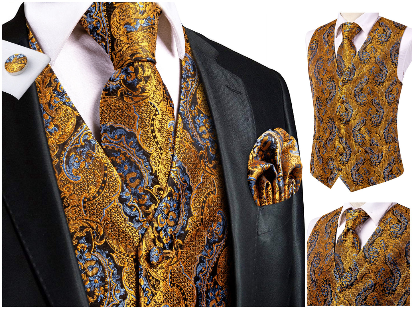 Hi Tie Men's Floral Waistcoat Novelty Silky Vest Set Tuxedo Gilet Casual Business [Cold+]