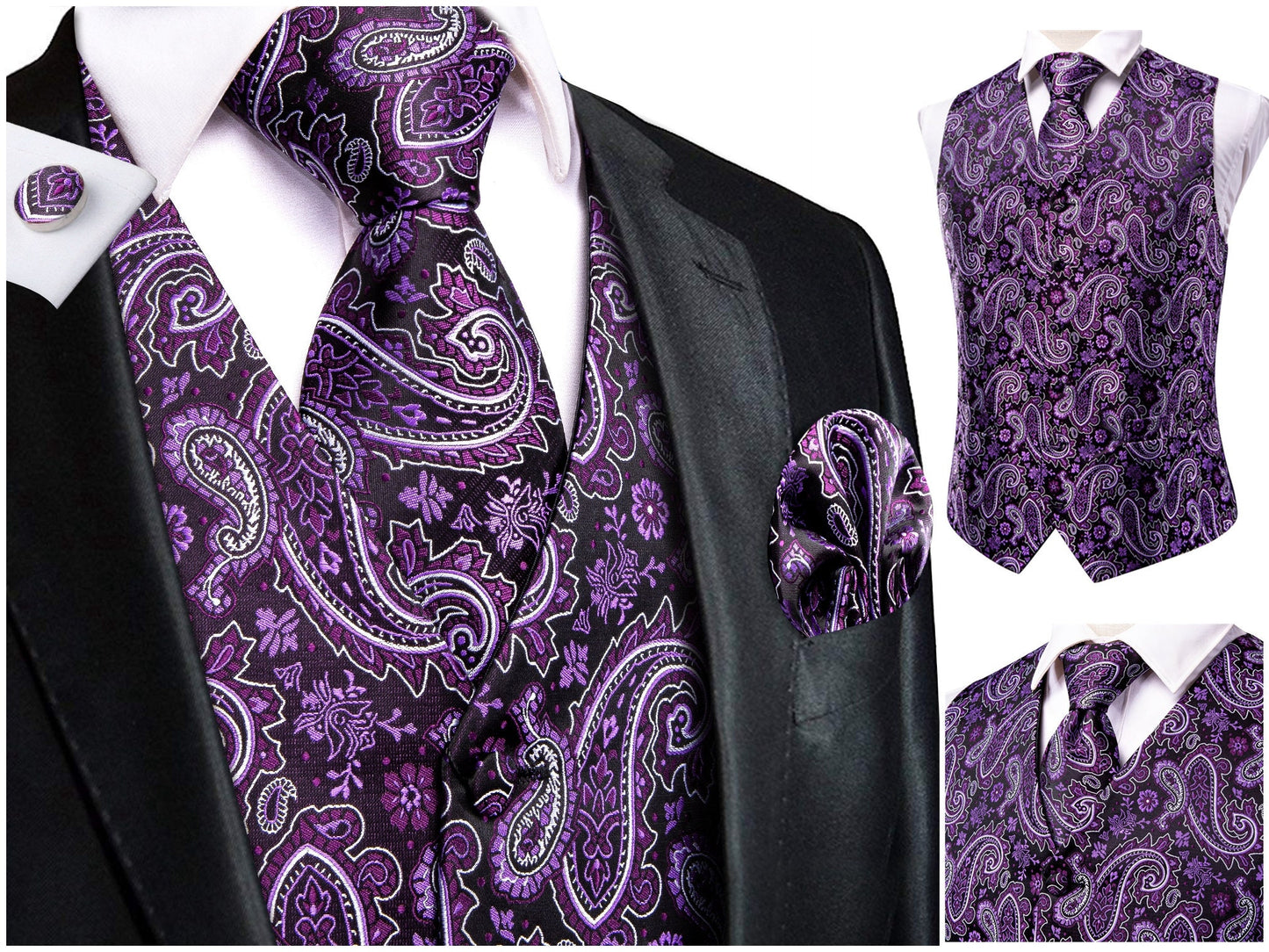 Hi Tie® Men's Waistcoat Novelty Silky Floral Vest Set Tuxedo Gilet Casual Business [Pecu+]