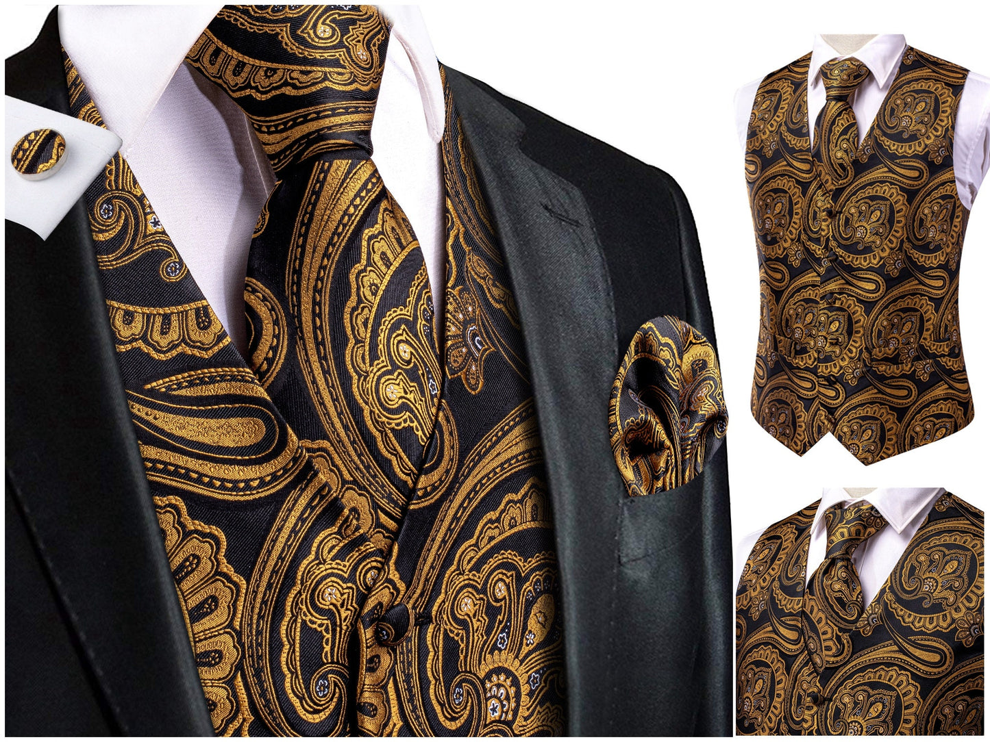 Hi Tie® Men's Waistcoat Novelty Floral Silky Vest Set Tuxedo Gilet Casual Business [Dubai+]