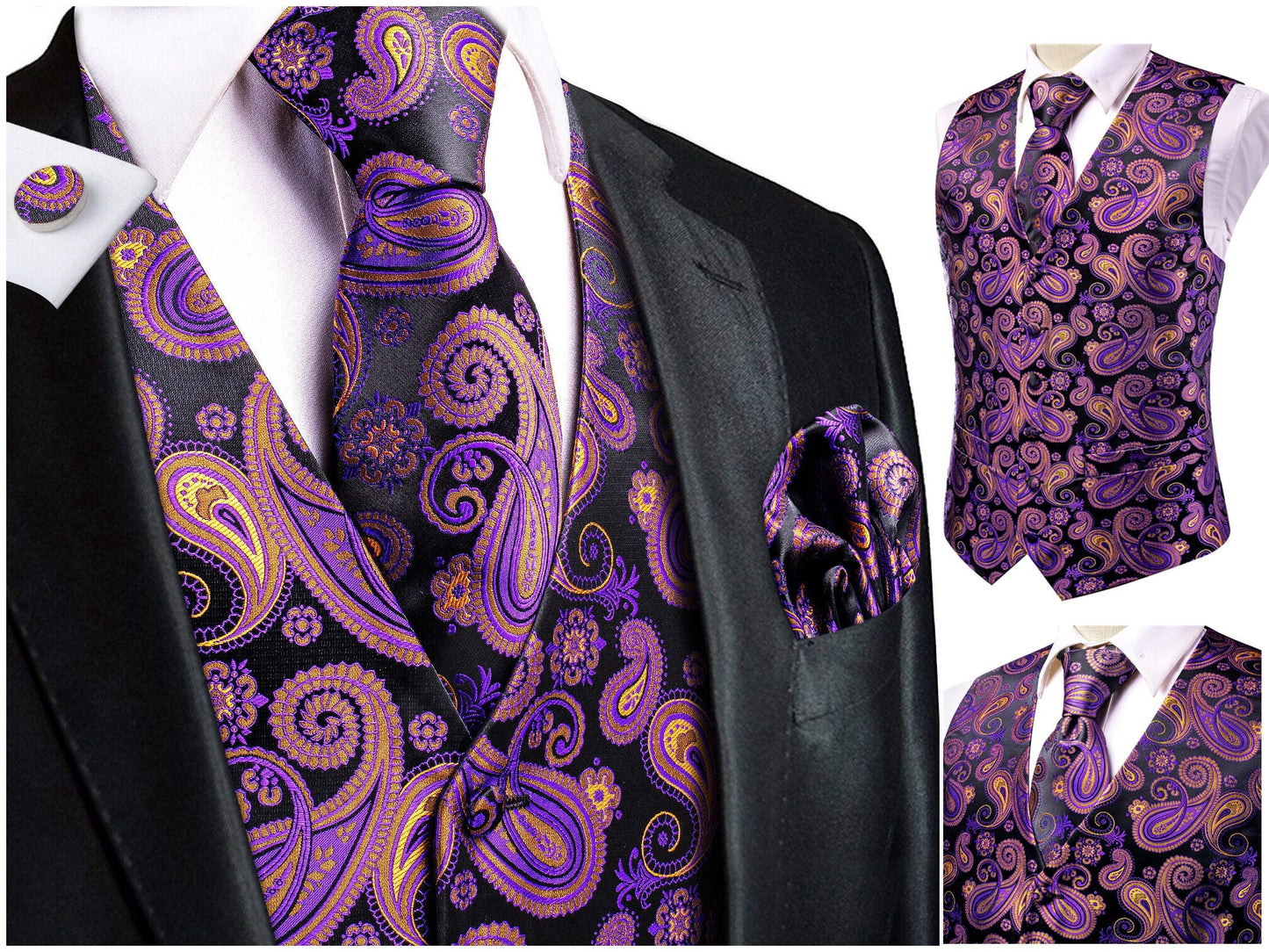 Hi Tie® Men's Waistcoat Novelty Floral Silky Vest Set Tuxedo Gilet Casual Business [Qute+]