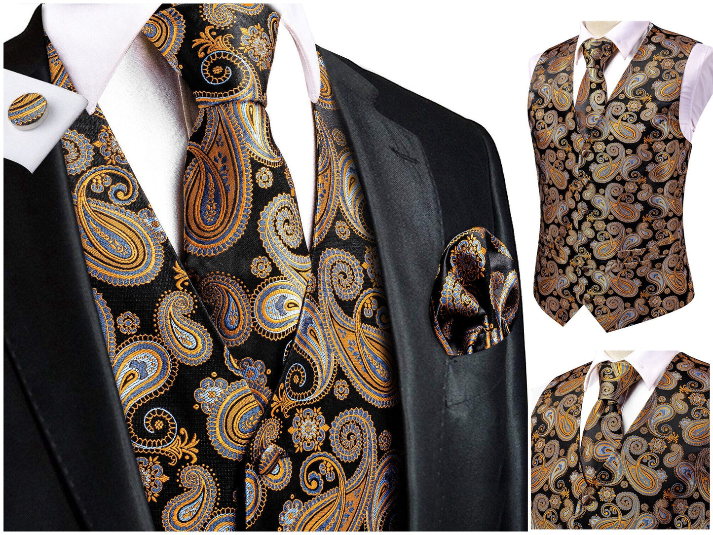 Hi Tie® Men's Waistcoat Novelty Floral Silky Vest Set Tuxedo Gilet Casual Business [Qute+]