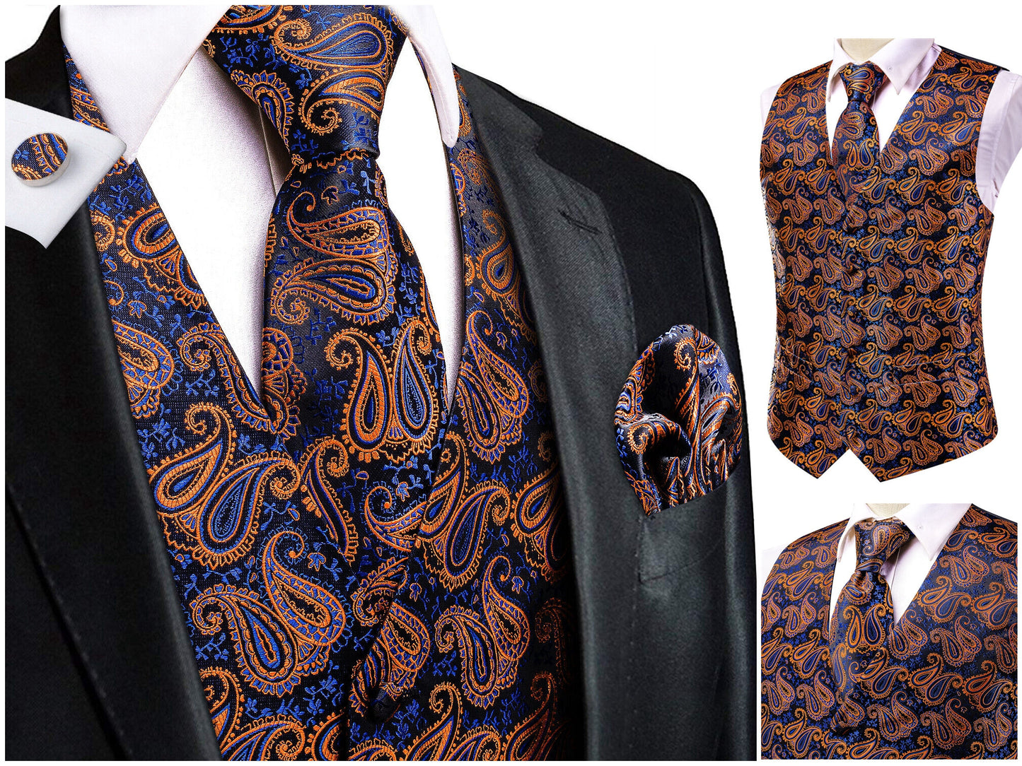 Hi Tie® Men's Waistcoat Novelty Floral Silky Vest Set Gilet Tuxedo Casual Business [King+]