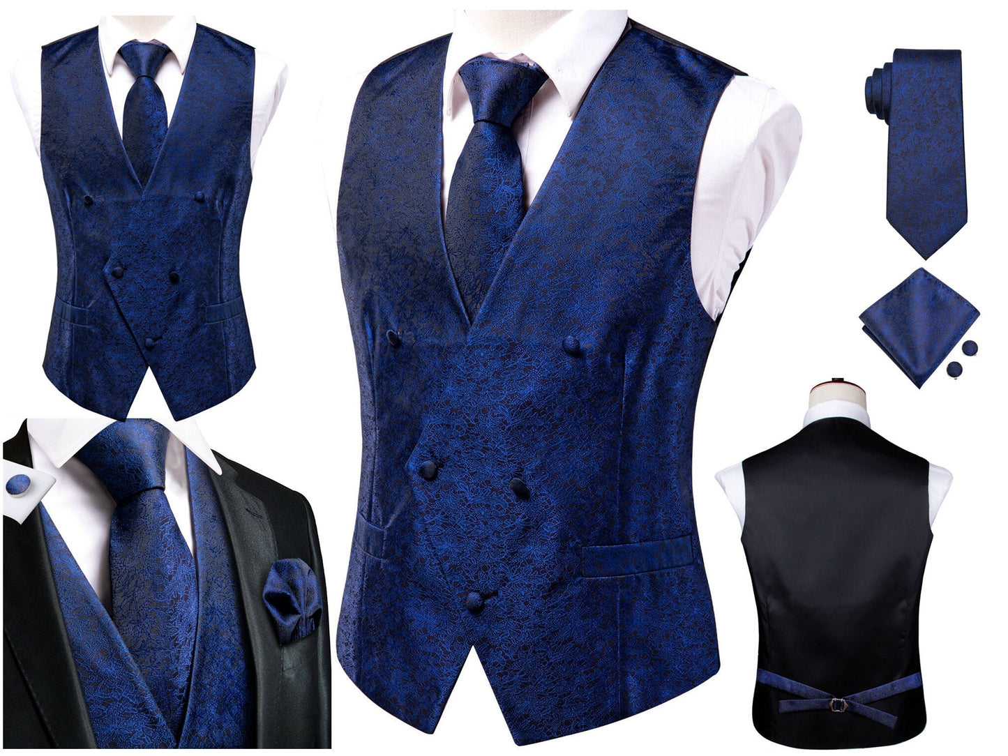 Hi Tie® Men's Vintage Waistcoat Victorian Vest Silky Set Tuxedo Gilet Casual Business [Double Breasted Basil+]