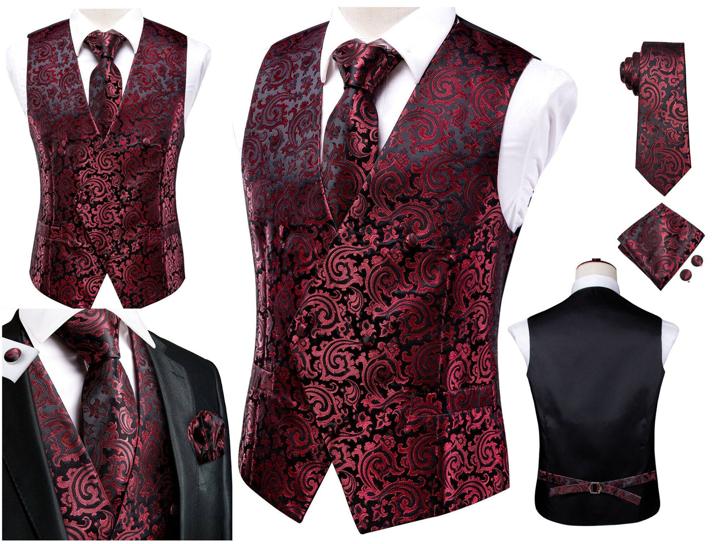 Hi Tie® Men's Vintage Waistcoat Victorian Vest Silky Set Tuxedo Gilet Casual Business [Double Breasted Coal+]