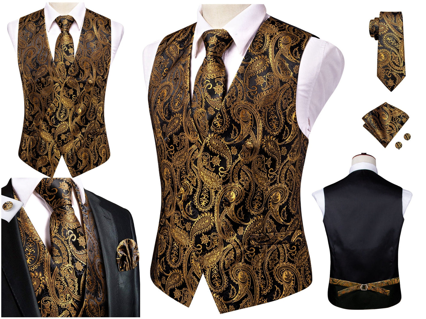 Hi Tie® Men's Victorian Waistcoat Vintage Vest Silky Set Tuxedo Gilet Casual Business [Asymmetric Bronze+]