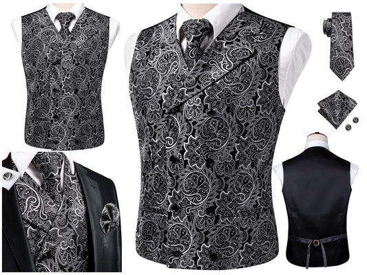 Men's Vintage Waistcoat Victorian Vest Silky Set Tuxedo Gilet Casual Business [Double Breasted Coal+]