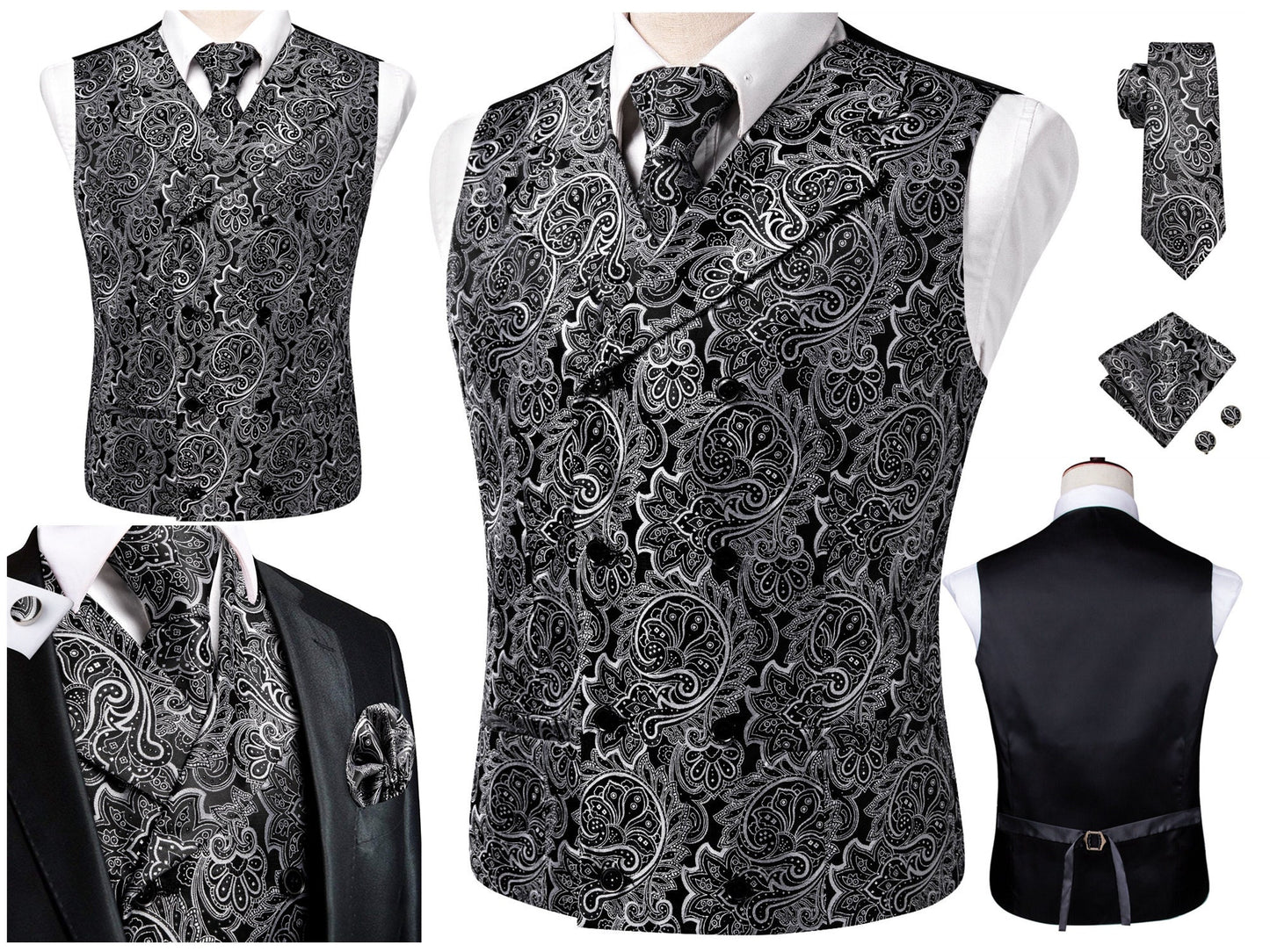 Hi Tie® Men's Vintage Waistcoat Victorian Vest Silky Set Tuxedo Gilet Casual Business [Double Breasted Basil+]