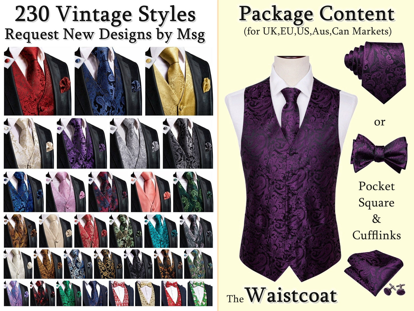 Barry Wang Men's Waistcoat Silky Woven Vest Set Gilet Tuxedo Bowtie Shiny Palace [Feather Violet+]