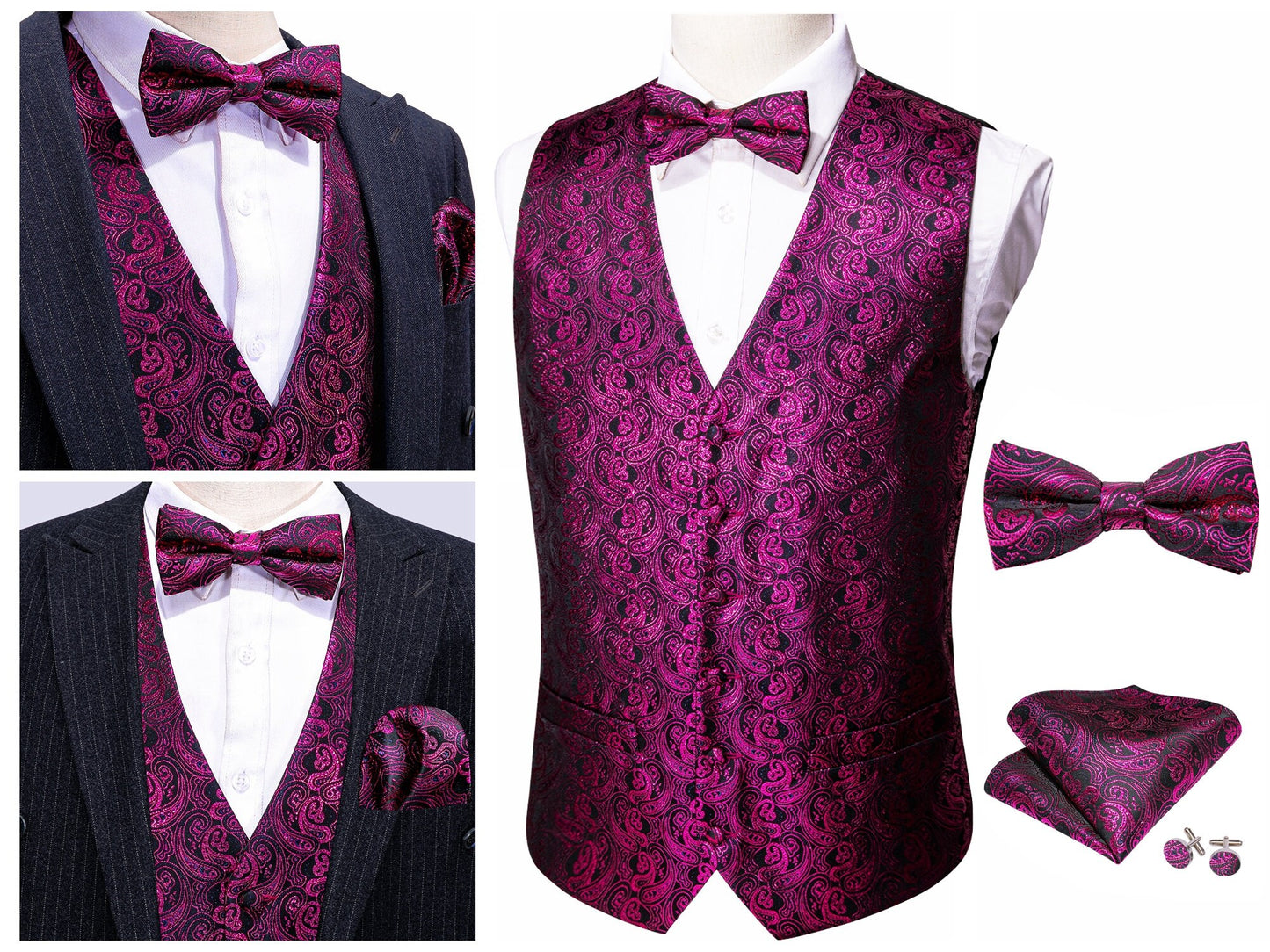 Men's Waistcoat Silky Tuxedo  Set [Mini Paisley - Burgundy+]