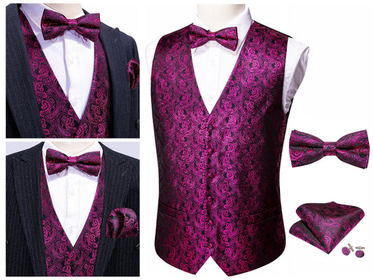 Men's Waistcoat Silky Tuxedo  Set [Mini Paisley - Plum+]
