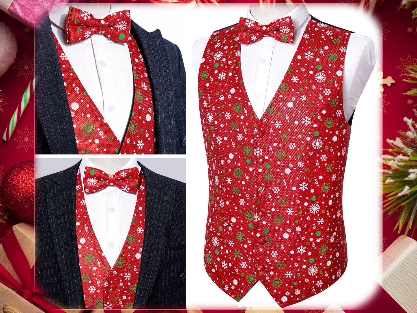 Men's Christmas Waistcoat Barry Wang® Vest Set Gilet Bowtie XMAS [Snowflakes Red+]