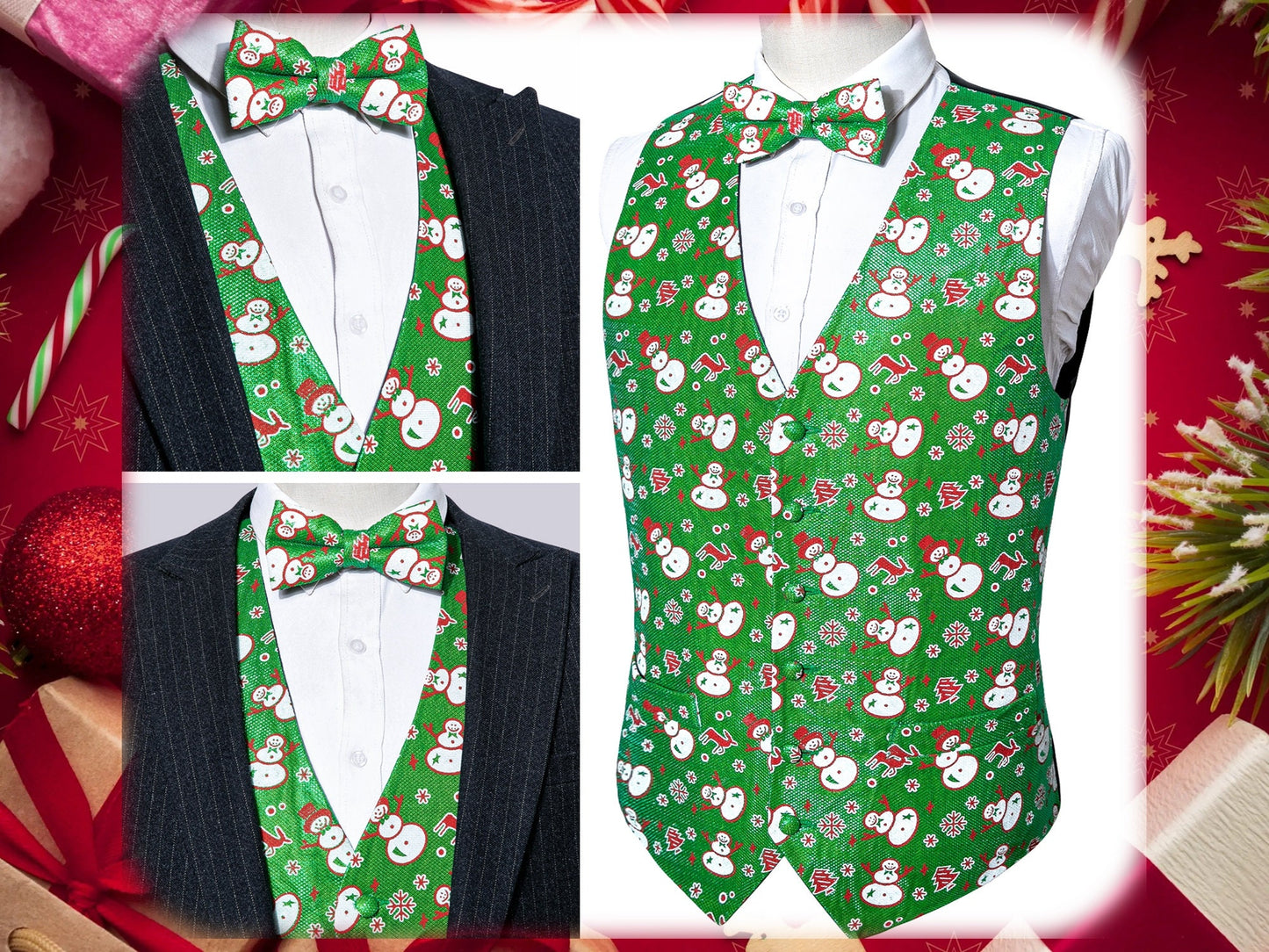 Men's Christmas Waistcoat Barry Wang Vest Set Gilet Bowtie XMAS GIFT [Snowflakes Green+]