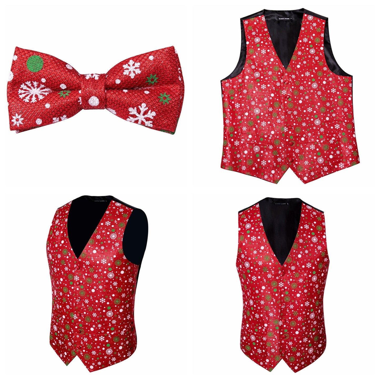 Men's Christmas Waistcoat Barry Wang Vest Set Gilet Bowtie XMAS [Snowflakes Tan+]