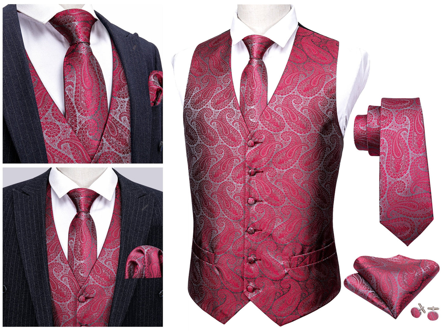 Men's Novelty Waistcoat Floral Silky Set Gilet Tuxedo Vest Barry Wang Casual Business [Charcoal Whales+]