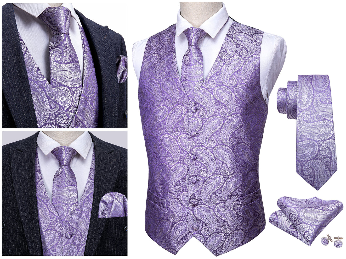 Men's Novelty Waistcoat Floral Silky Set Gilet Tuxedo Vest Barry Wang Casual Business [Charcoal Whales+]