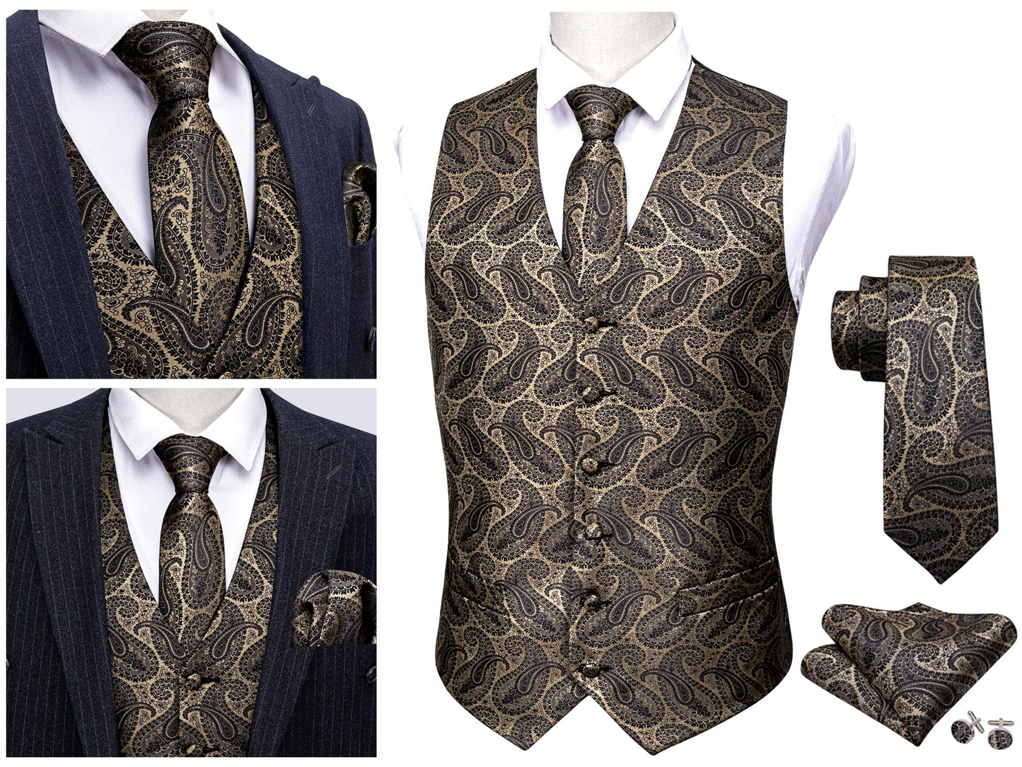 Men's Novelty Waistcoat Floral Silky Set Gilet Tuxedo Vest Barry Wang Casual Business [Charcoal Whales+]