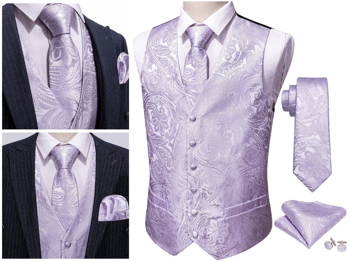 Men's Floral Waistcoat Novelty Silky Set Gilet Tuxedo Vest Barry Wang Casual Business [Budhi Ivory+]