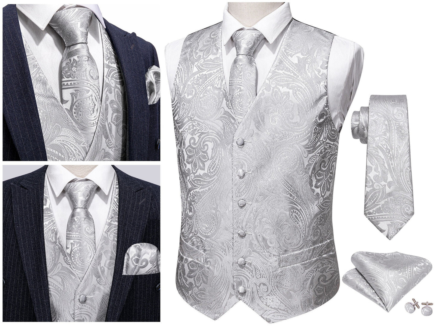 Men's Floral Waistcoat Novelty Silky Set Gilet Tuxedo Vest Barry Wang Casual Business [Budhi Silver+]