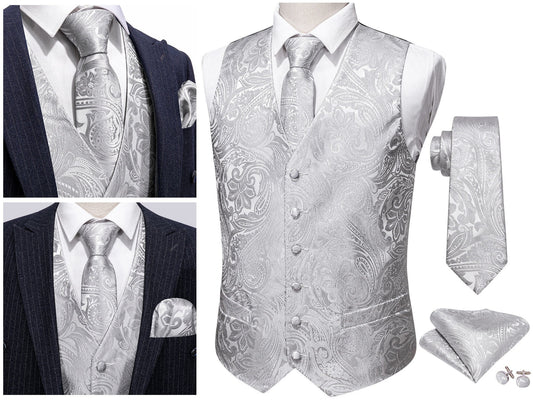 Men's Floral Waistcoat Buy 1 Get 1 Free Random Design in Your Size Novelty Silky Set Gilet Tuxedo Vest Casual Business [Budhi Silver+]