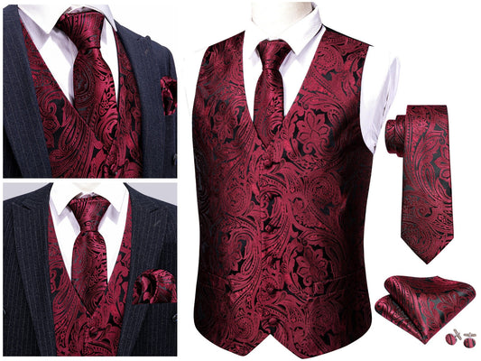 Men's Floral Waistcoat Novelty Silky Set Gilet Tuxedo Vest Barry Wang Casual Business [Budhi Wine+]