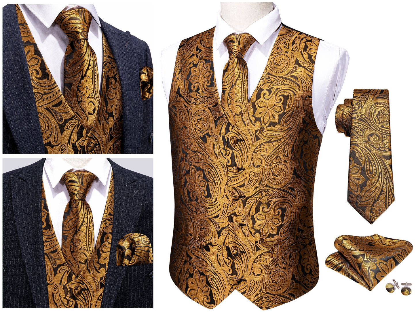 Men's Floral Waistcoat Novelty Silky Set Gilet Tuxedo Vest Barry Wang Casual Business [Budhi Ivory+]