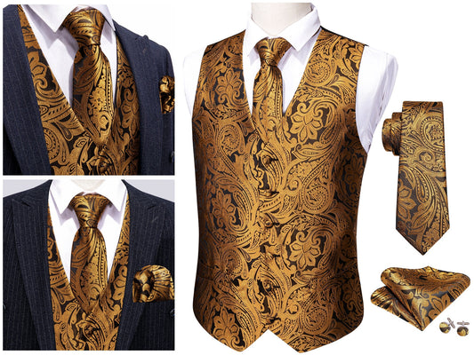 Men's Floral Waistcoat Buy 1 Get 1 Free Random Design in Your Size Novelty Silky Set Gilet Tuxedo Vest Casual Business [Budhi Gold+]